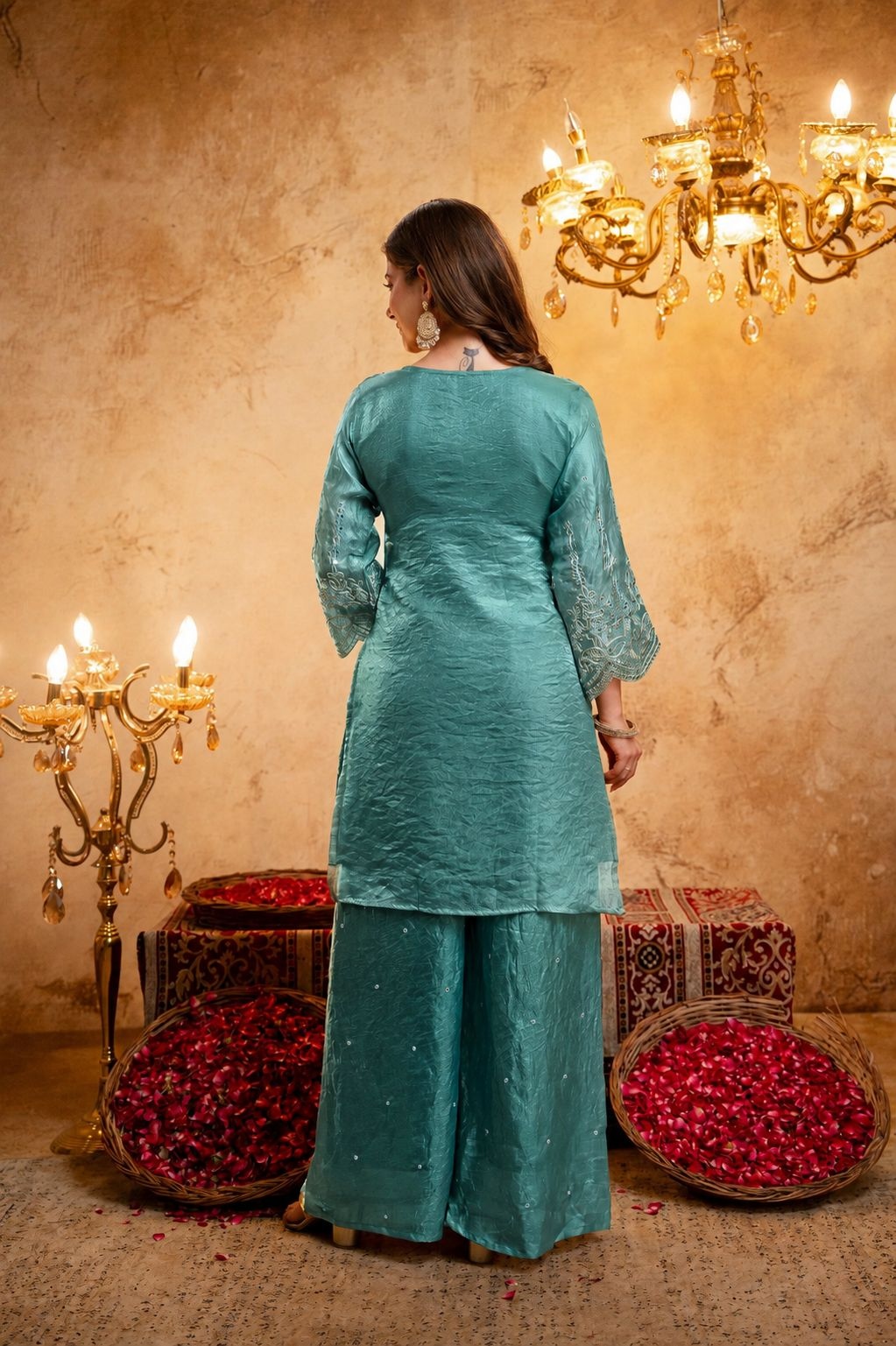 Blue Floral Designer Embroidery Fendy Palazzo Suit — alternate view