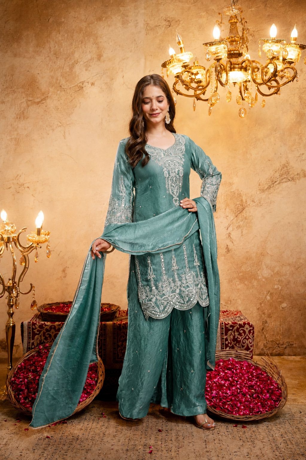 Blue Floral Designer Embroidery Fendy Palazzo Suit