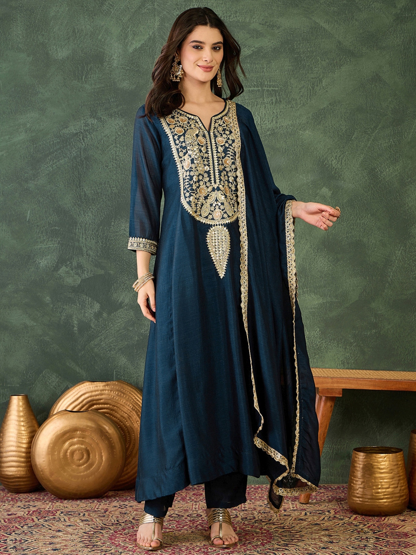 Blue Floral Designer Embroidery Vichitra Anarkali Suit