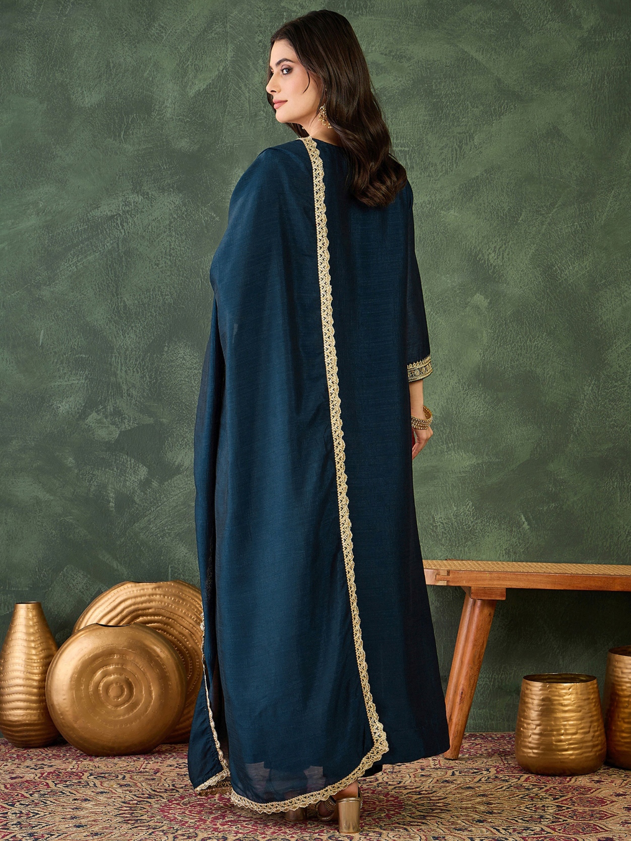 Blue Floral Designer Embroidery Vichitra Anarkali Suit — alternate view