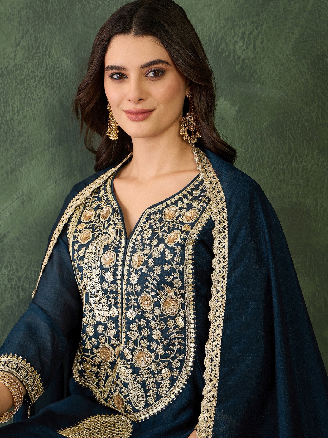 Blue Floral Designer Embroidery Vichitra Anarkali Suit