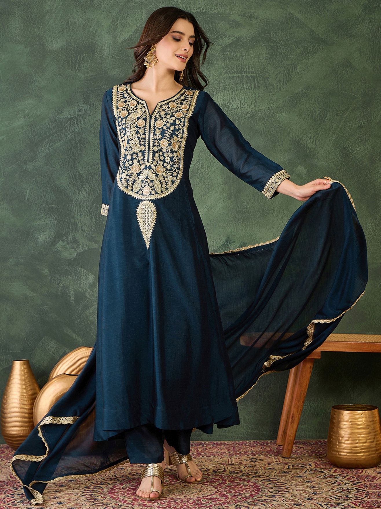 Blue Floral Designer Embroidery Vichitra Anarkali Suit