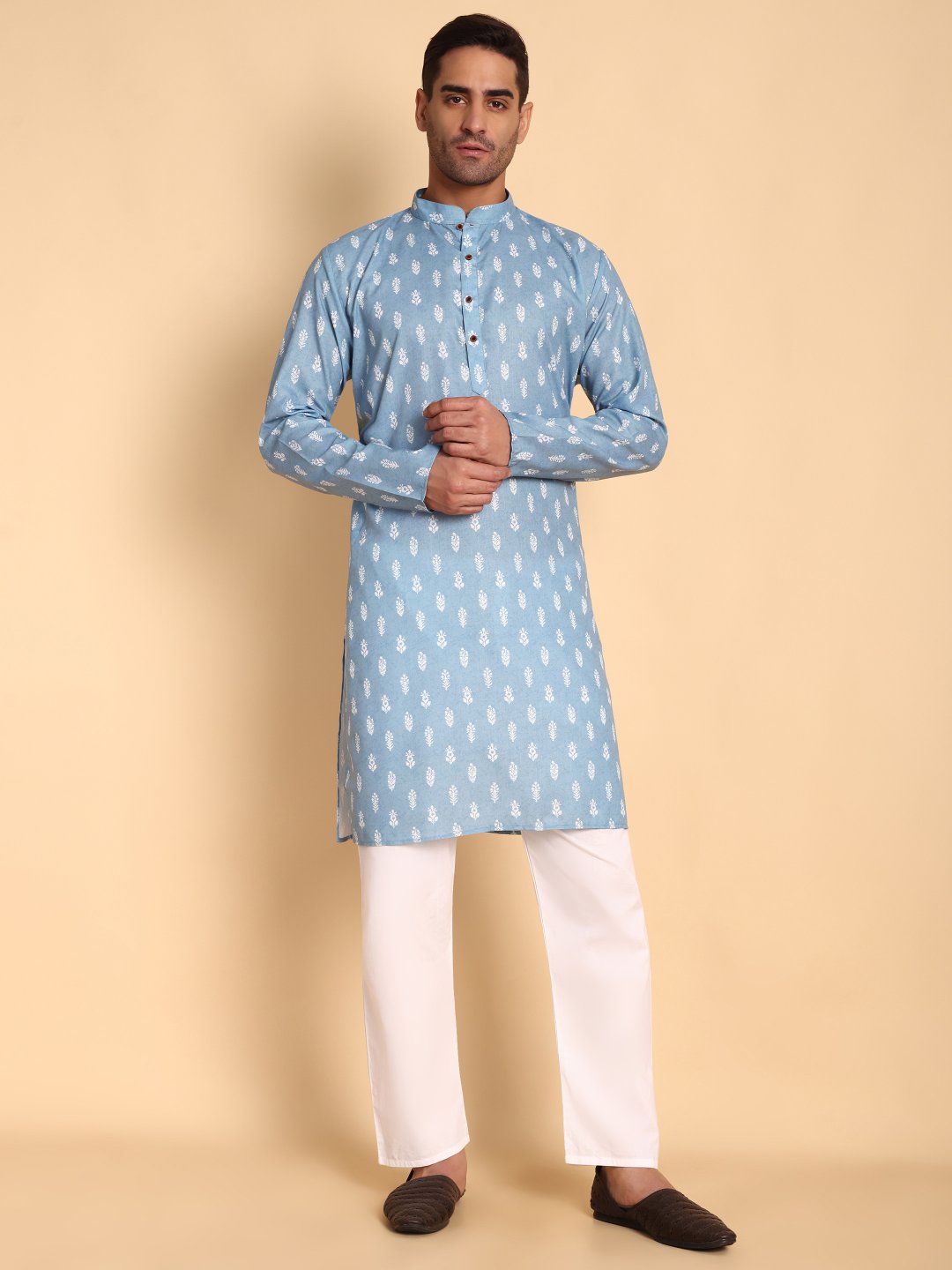 Blue Floral Designer Printed Cotton Kurta Pyjama