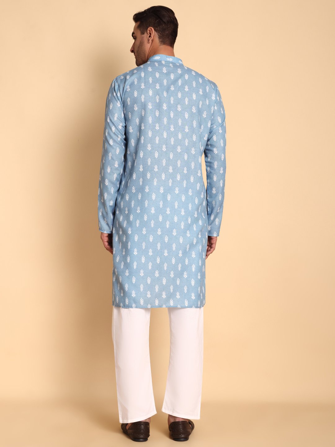 Blue Floral Designer Printed Cotton Kurta Pyjama — alternate view