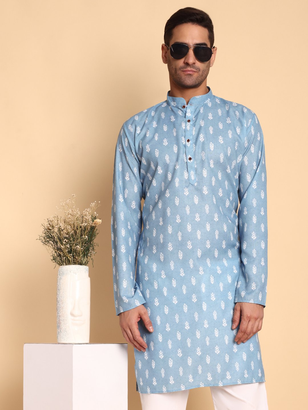 Blue Floral Designer Printed Cotton Kurta Pyjama