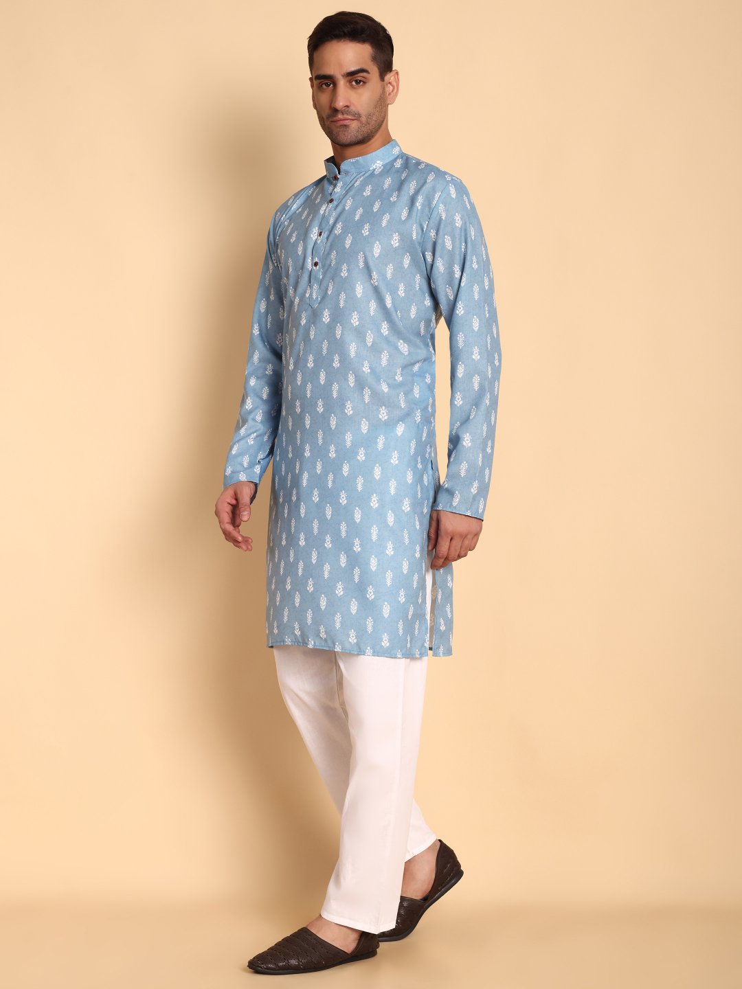 Blue Floral Designer Printed Cotton Kurta Pyjama
