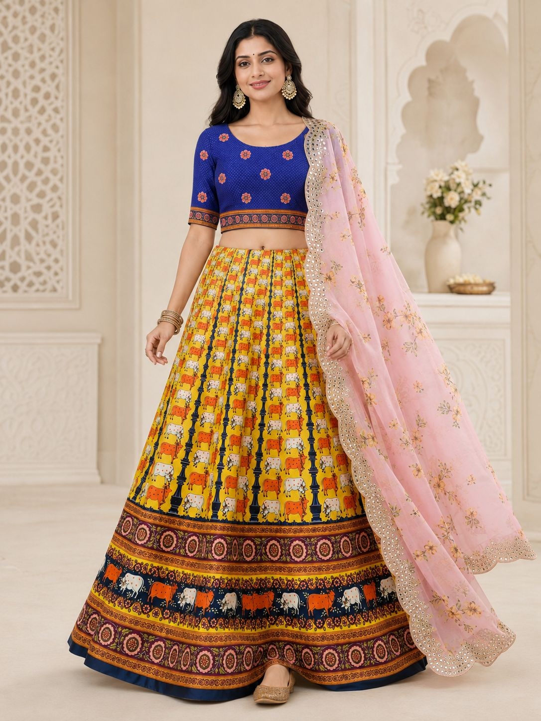 Blue Floral Designer Printed Satin Silk Lehenga Choli