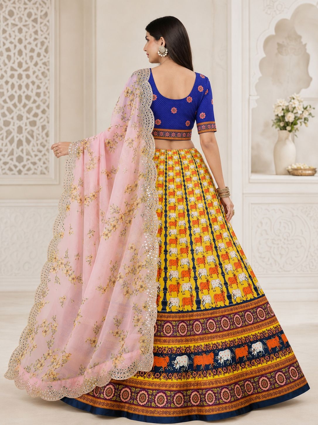 Blue Floral Designer Printed Satin Silk Lehenga Choli — alternate view