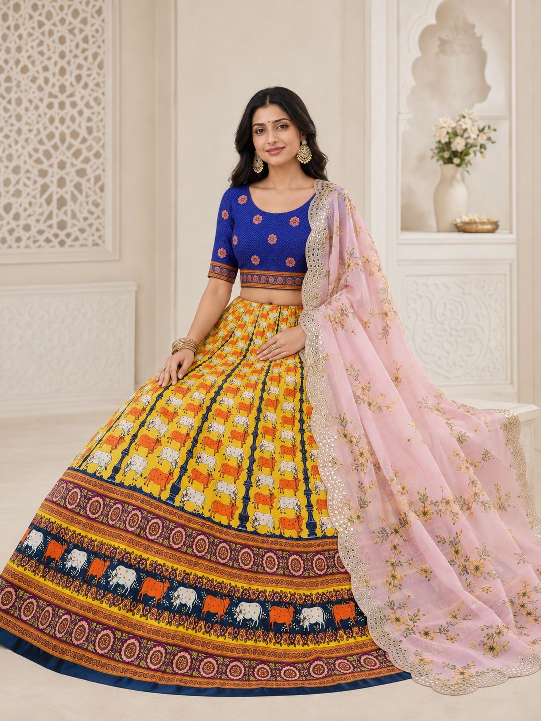 Blue Floral Designer Printed Satin Silk Lehenga Choli