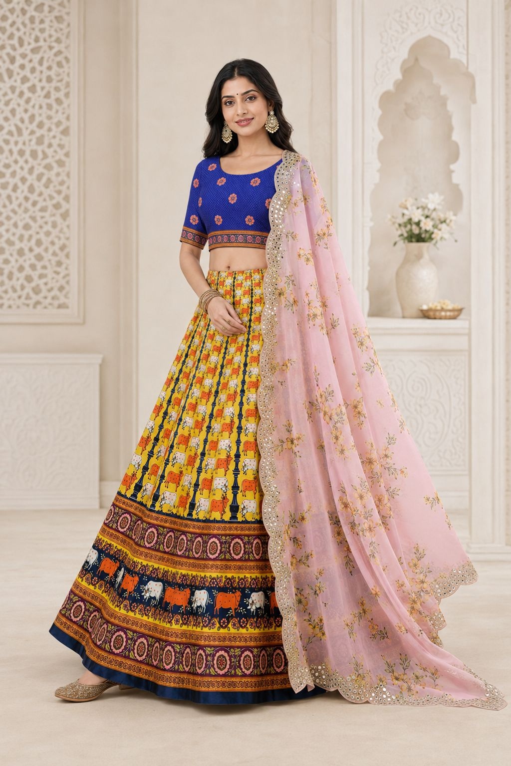 Blue Floral Designer Printed Satin Silk Lehenga Choli