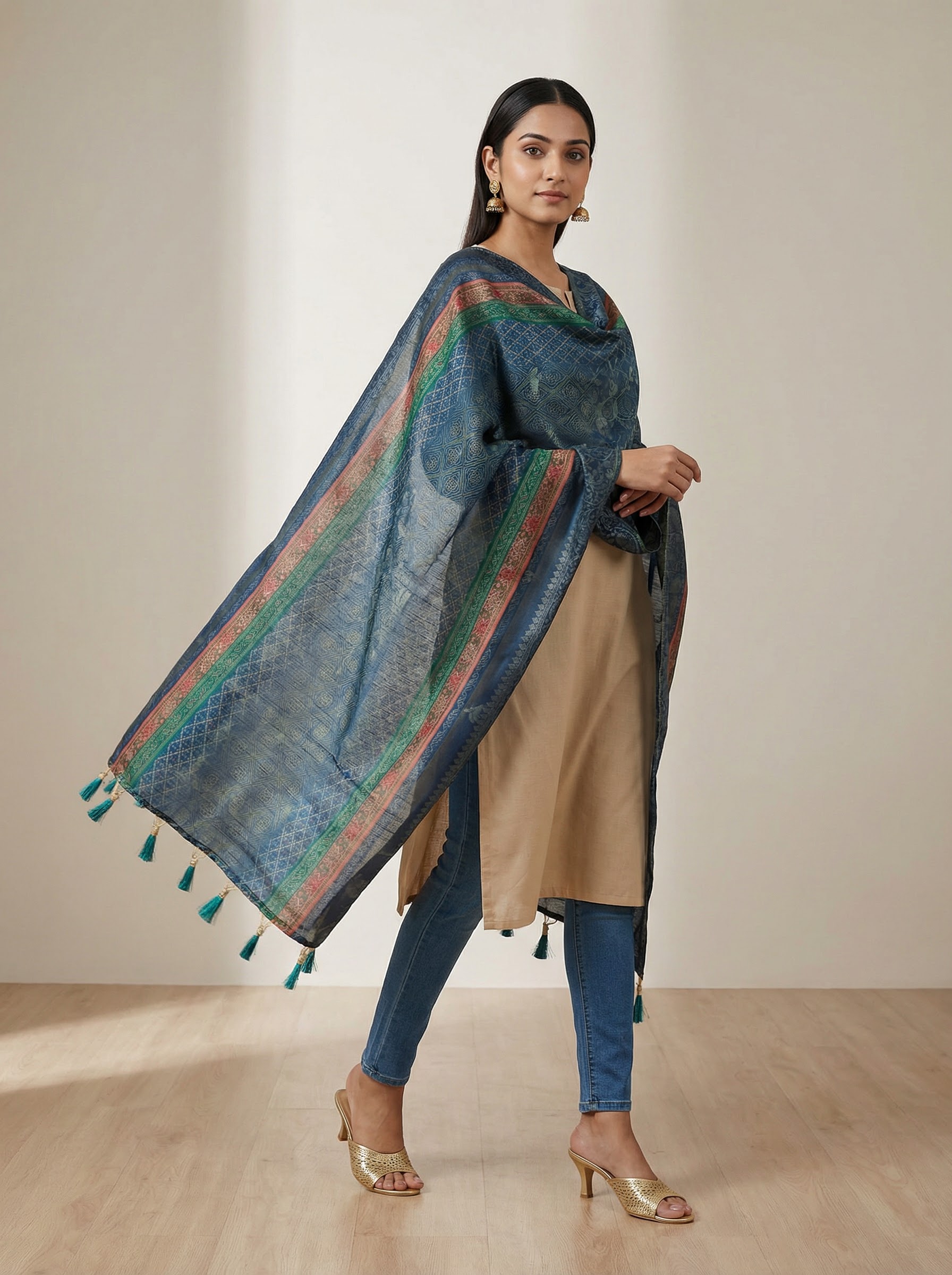 Blue Floral Digital Print Jacquard Silk Designer Dupatta