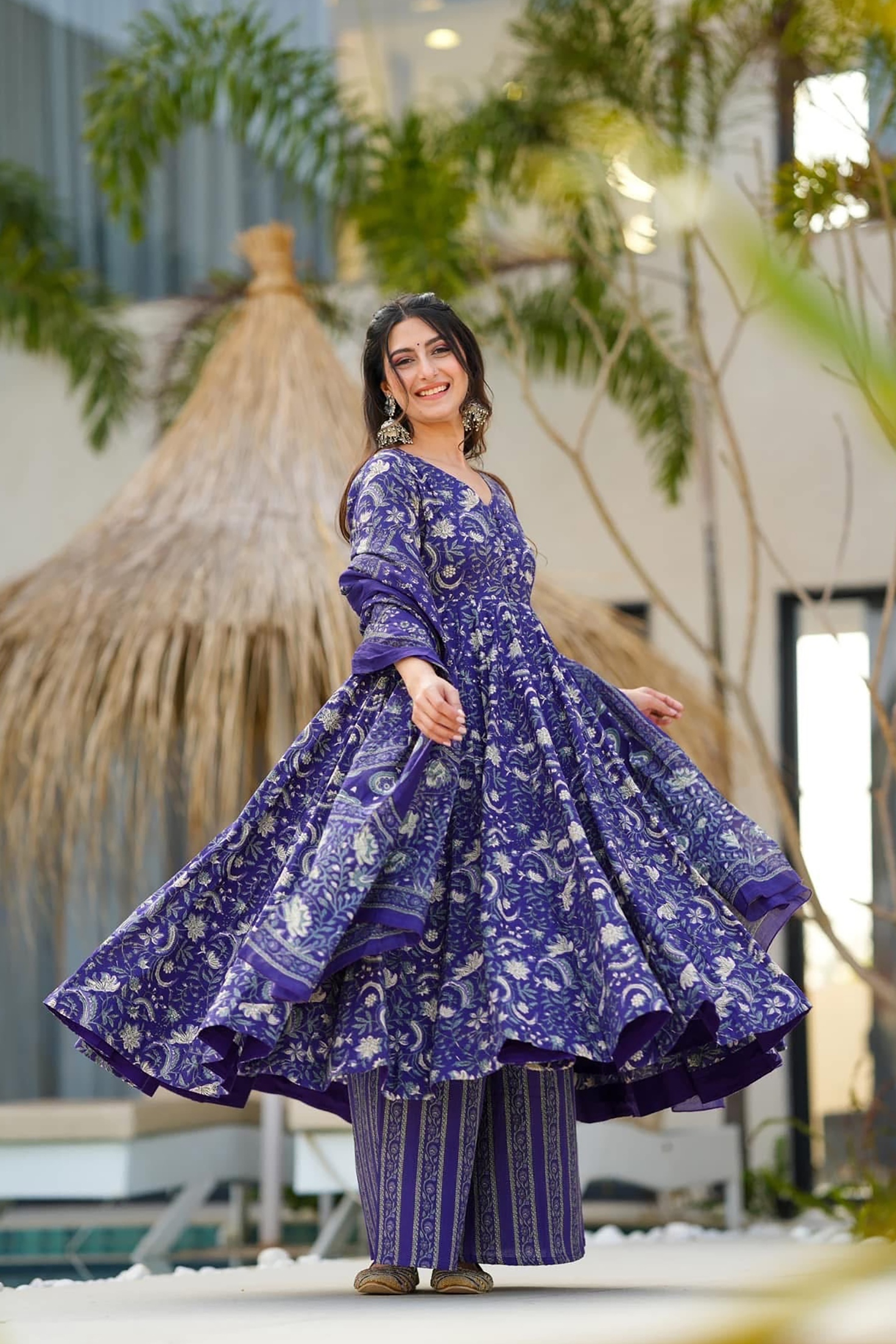 Blue Floral Digital Printed Muslin Palazzo Suit