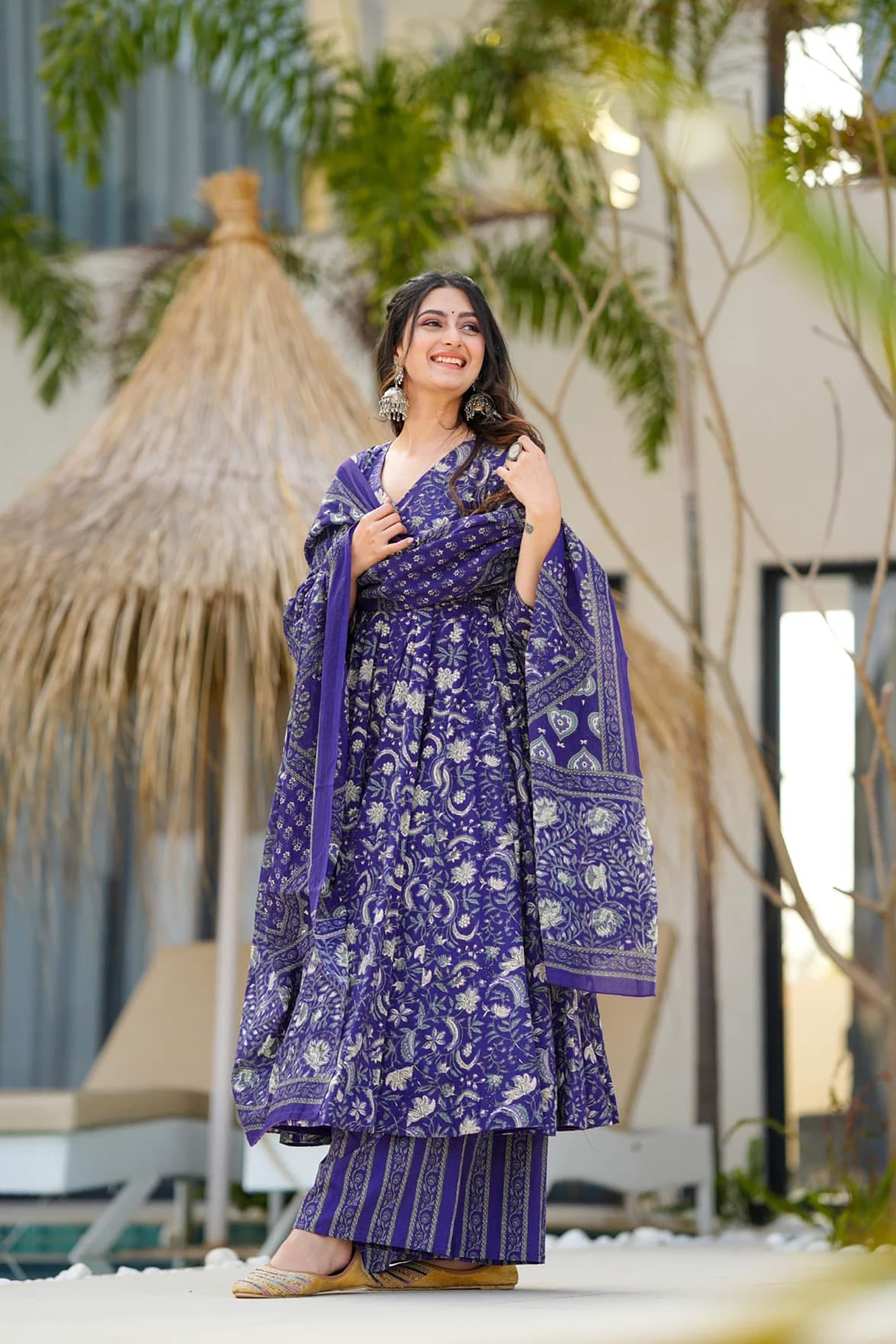 Blue Floral Digital Printed Muslin Palazzo Suit