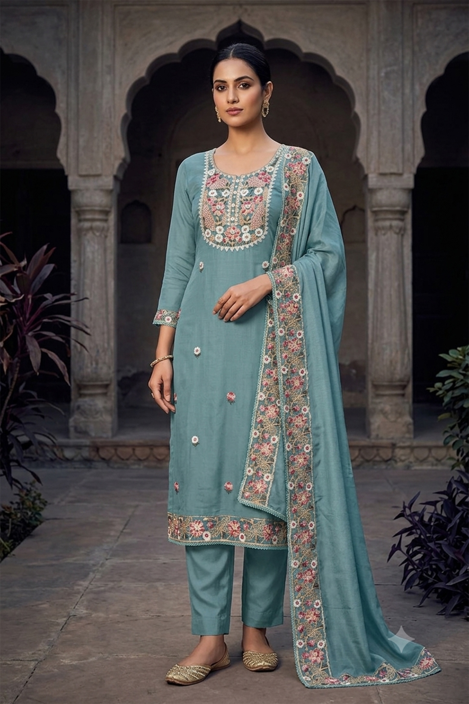 Blue Floral Embroidered Cotton Straight Suit
