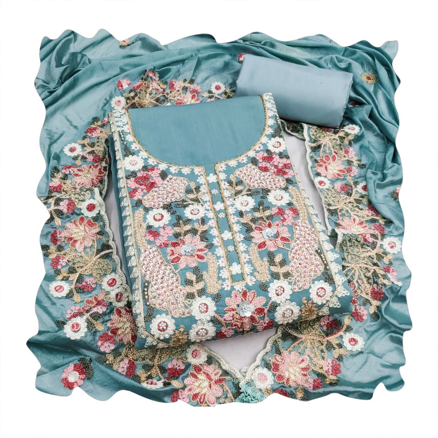 Blue Floral Embroidered Cotton Straight Suit — alternate view