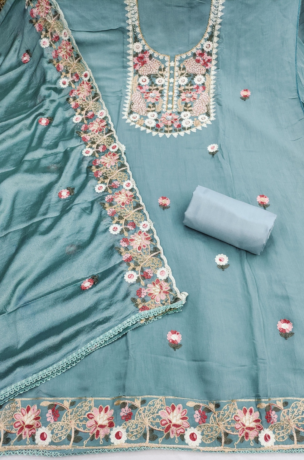 Blue Floral Embroidered Cotton Straight Suit