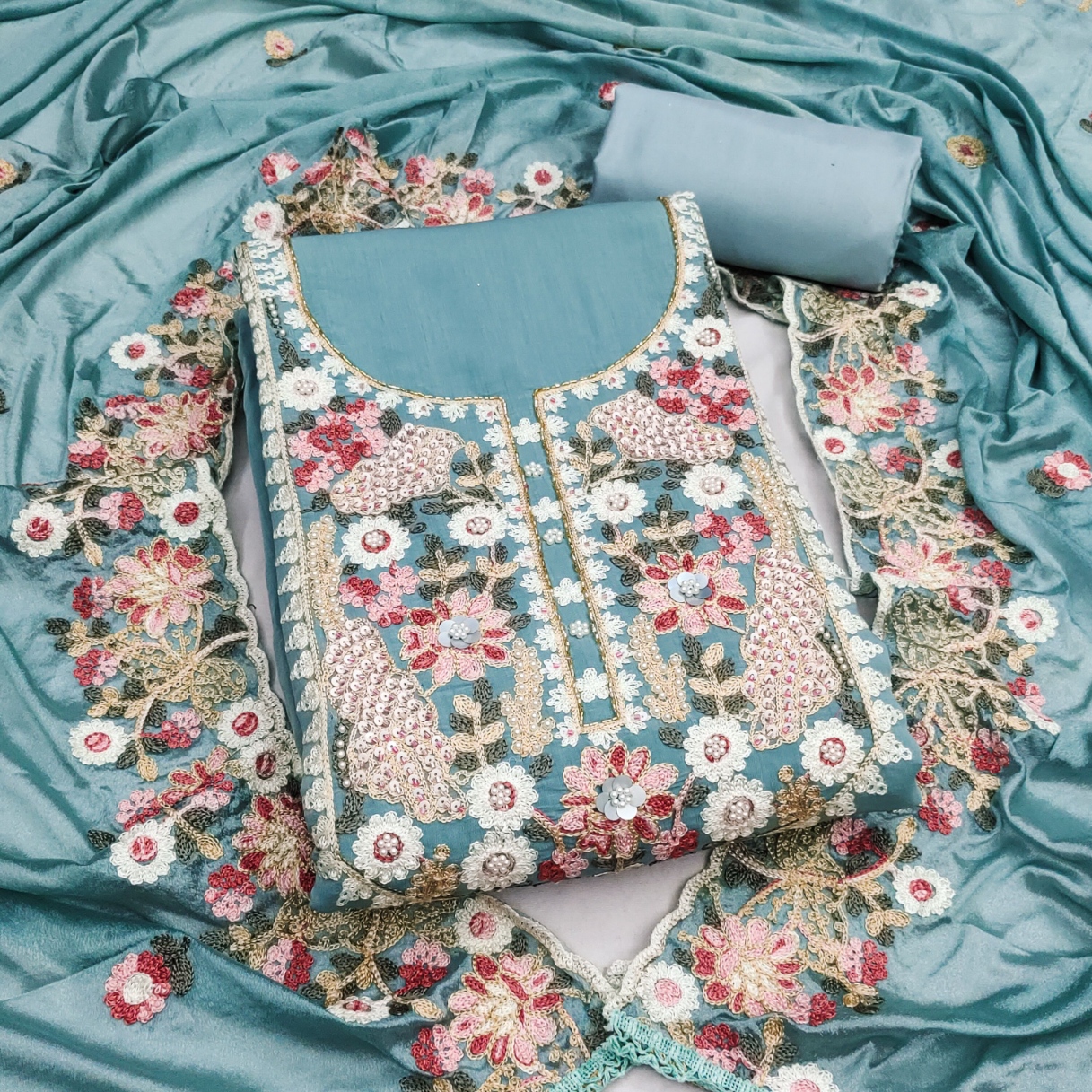 Blue Floral Embroidered Cotton Straight Suit