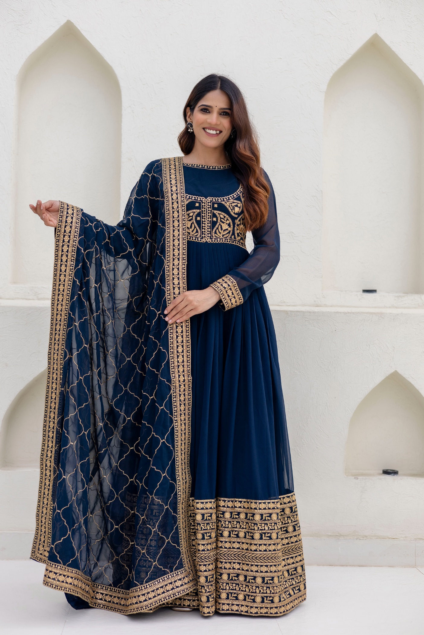 Blue Floral Embroidered Georgette Empire Gown
