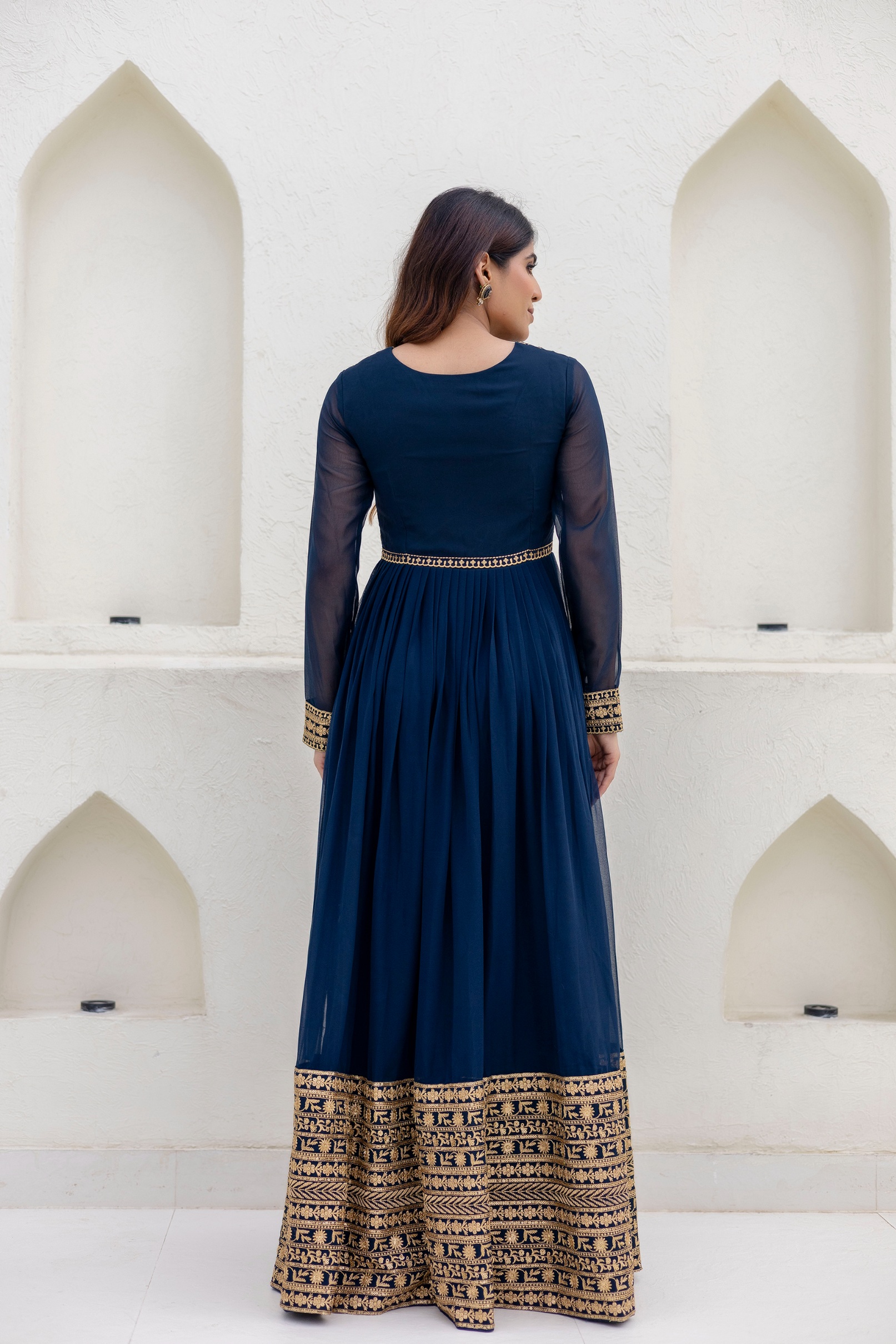 Blue Floral Embroidered Georgette Empire Gown — alternate view