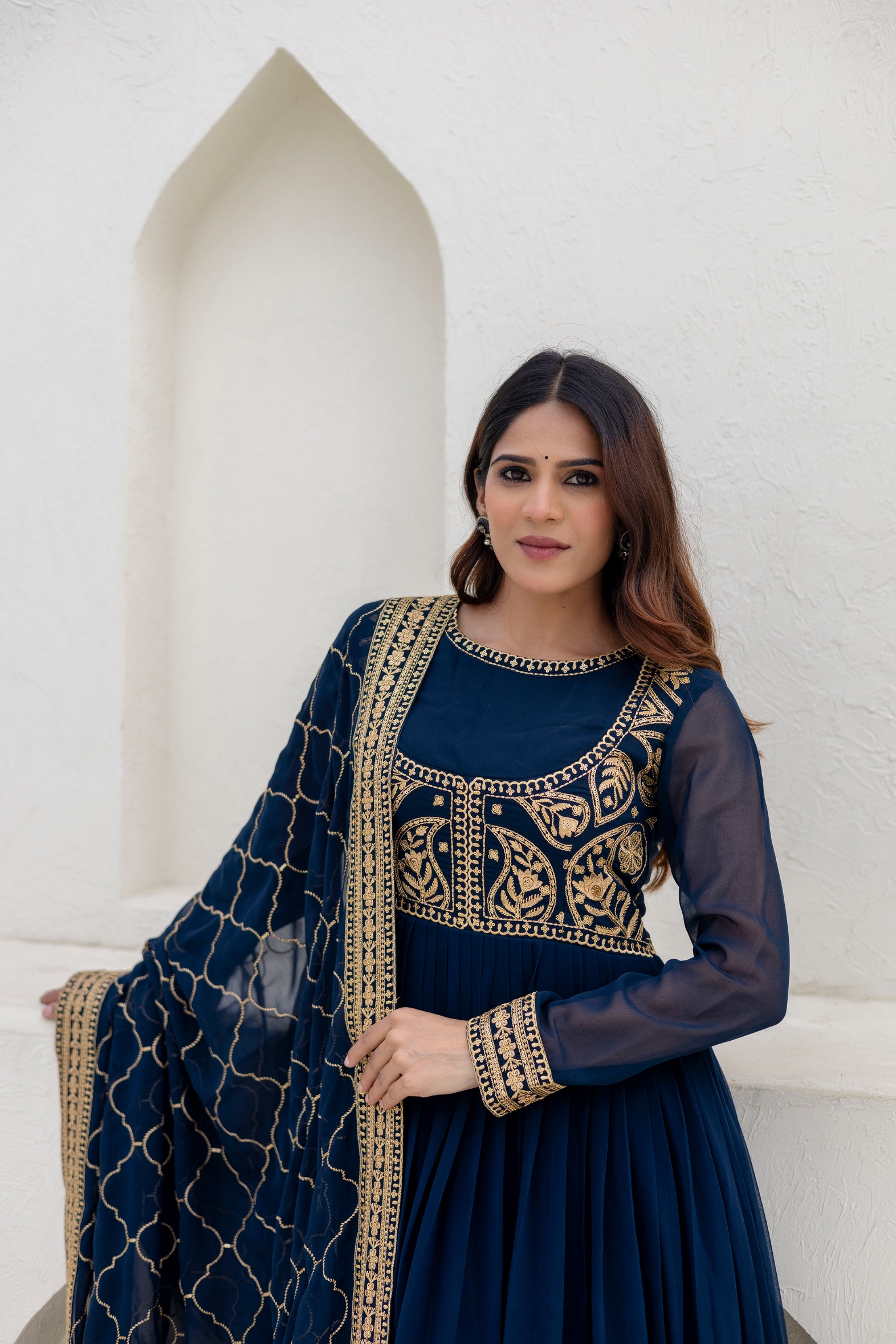 Blue Floral Embroidered Georgette Empire Gown