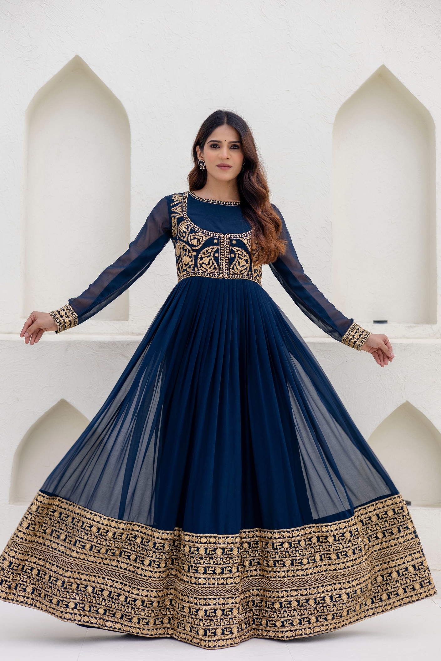 Blue Floral Embroidered Georgette Empire Gown