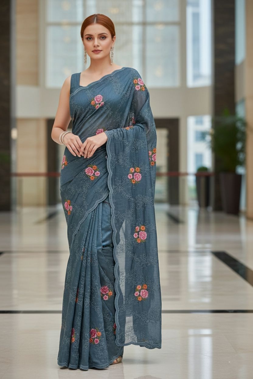 Blue Floral Embroidered Manipuri Silk Saree
