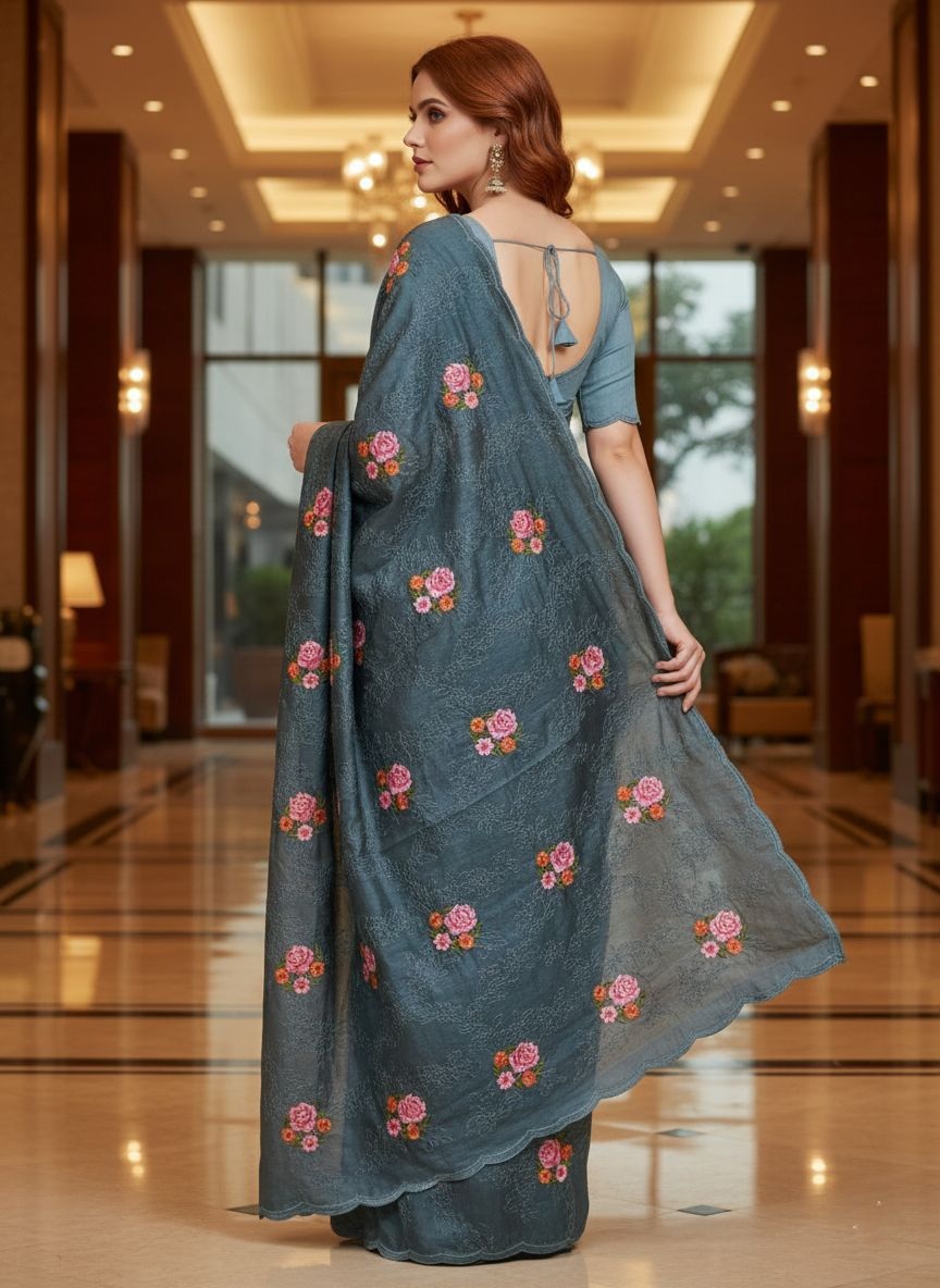 Blue Floral Embroidered Manipuri Silk Saree — alternate view