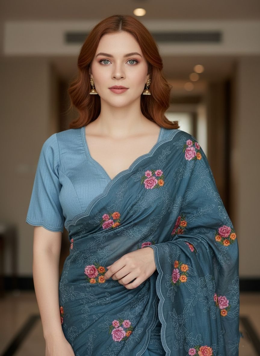 Blue Floral Embroidered Manipuri Silk Saree