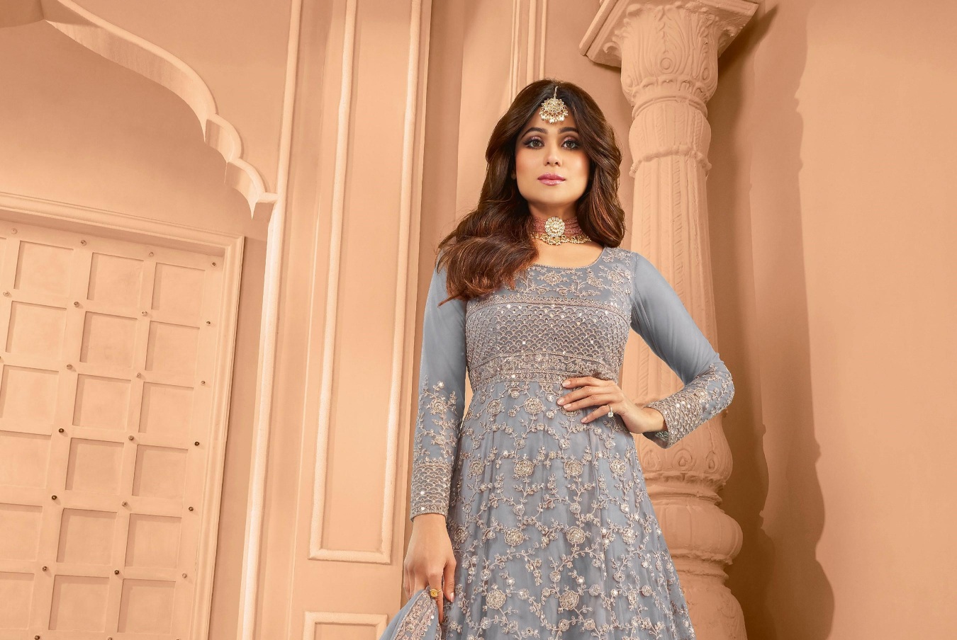 Blue Floral Embroidered Net Anarkali Suit