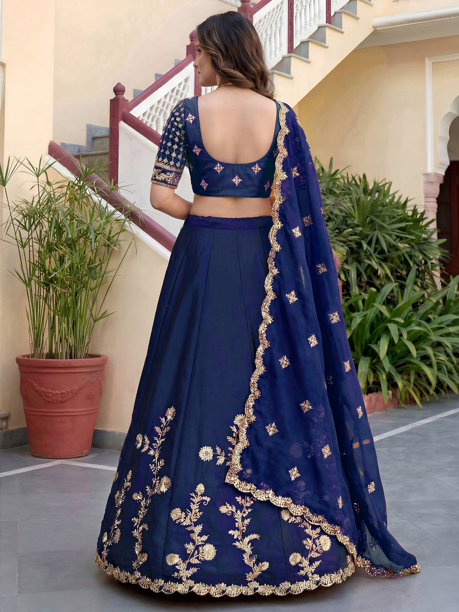 Blue Floral Embroidered Rangoli Silk Lehenga Choli — alternate view