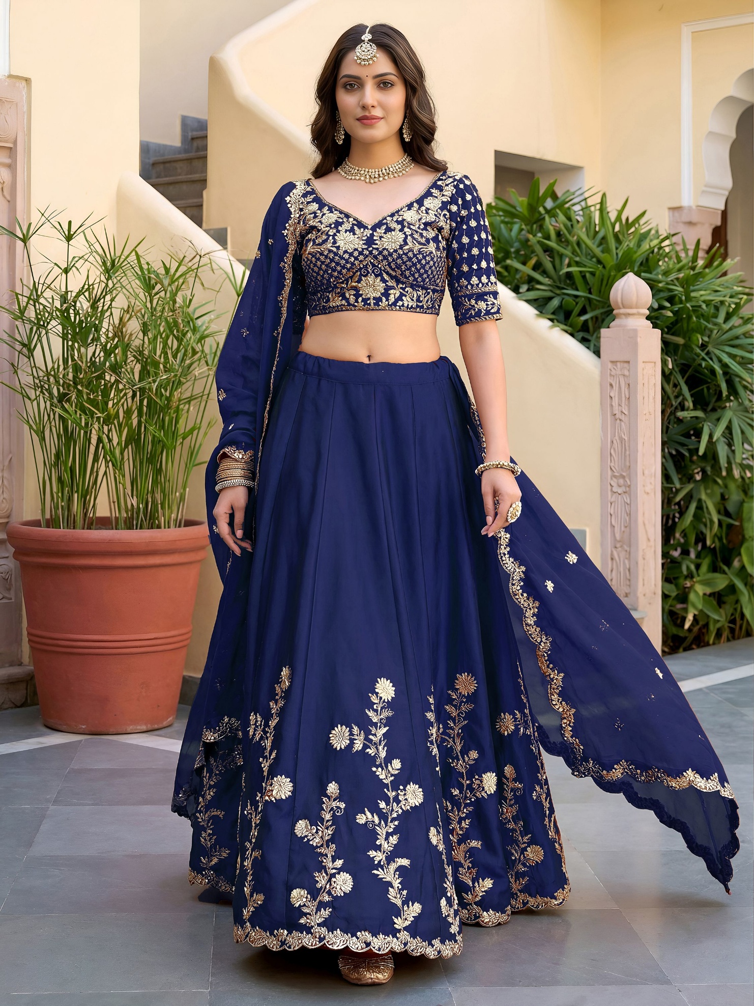 Blue Floral Embroidered Rangoli Silk Lehenga Choli