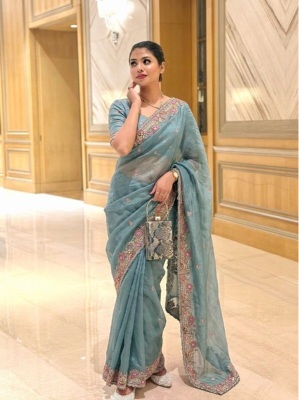 Blue Floral Embroidered Soft Tissue Chiffon Saree