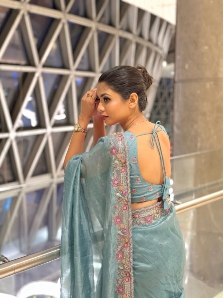Blue Floral Embroidered Soft Tissue Chiffon Saree — alternate view