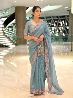 Blue Floral Embroidered Soft Tissue Chiffon Saree
