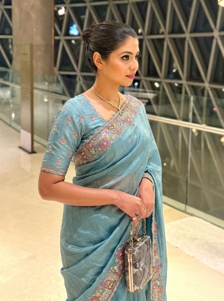 Blue Floral Embroidered Soft Tissue Chiffon Saree