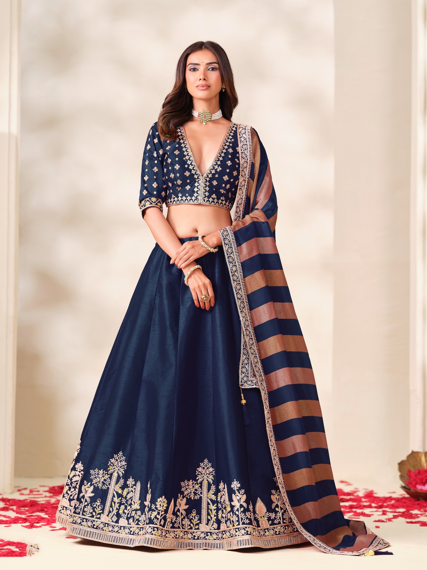 Blue Floral Embroidery Art Silk Circular Lehenga Choli