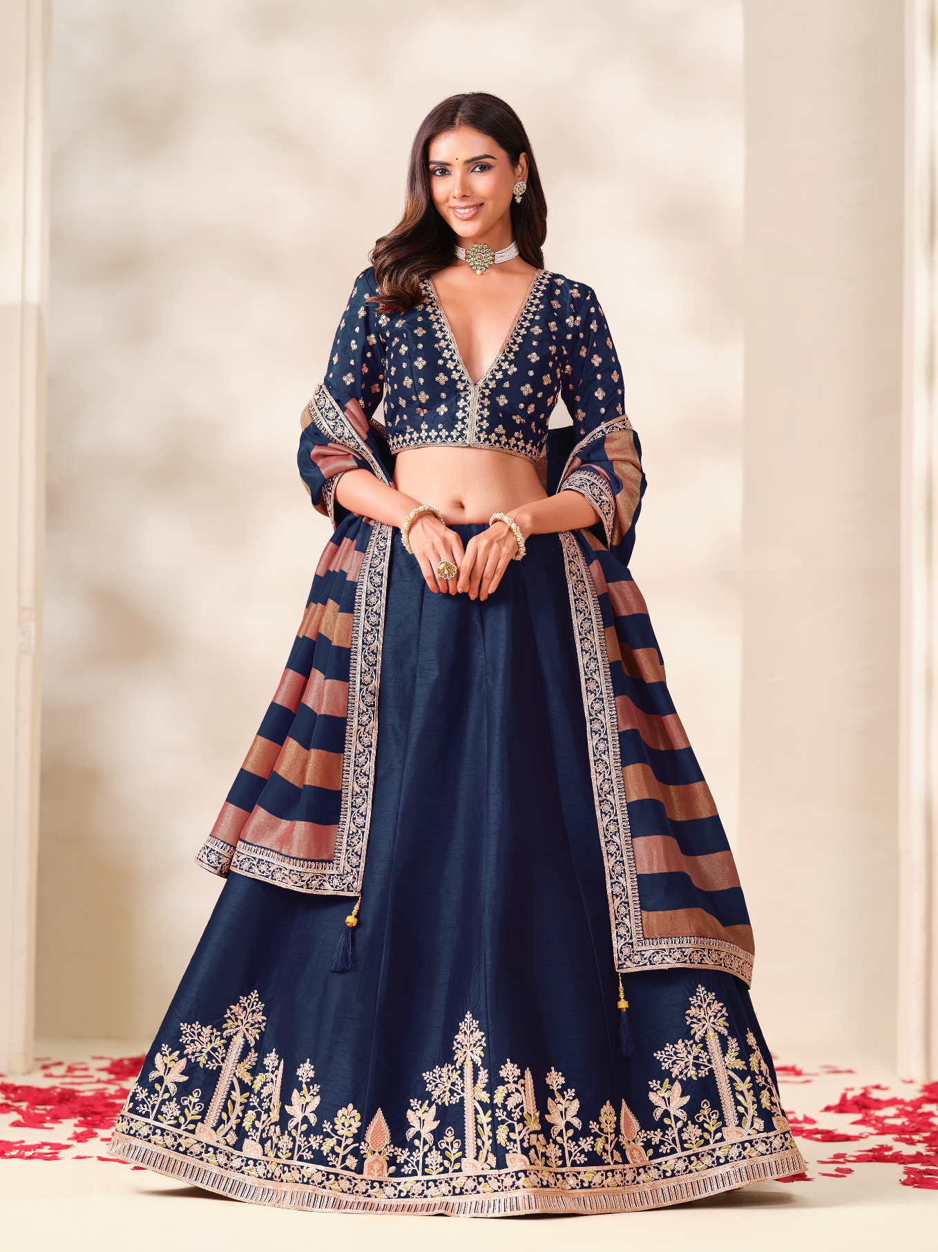 Blue Floral Embroidery Art Silk Circular Lehenga Choli