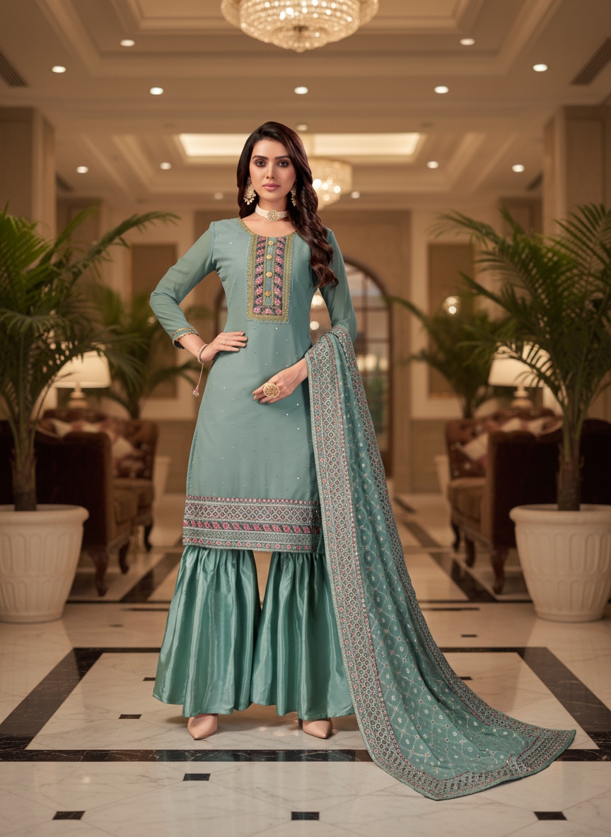 Blue Floral Embroidery Faux Georgette Palazzo Suit