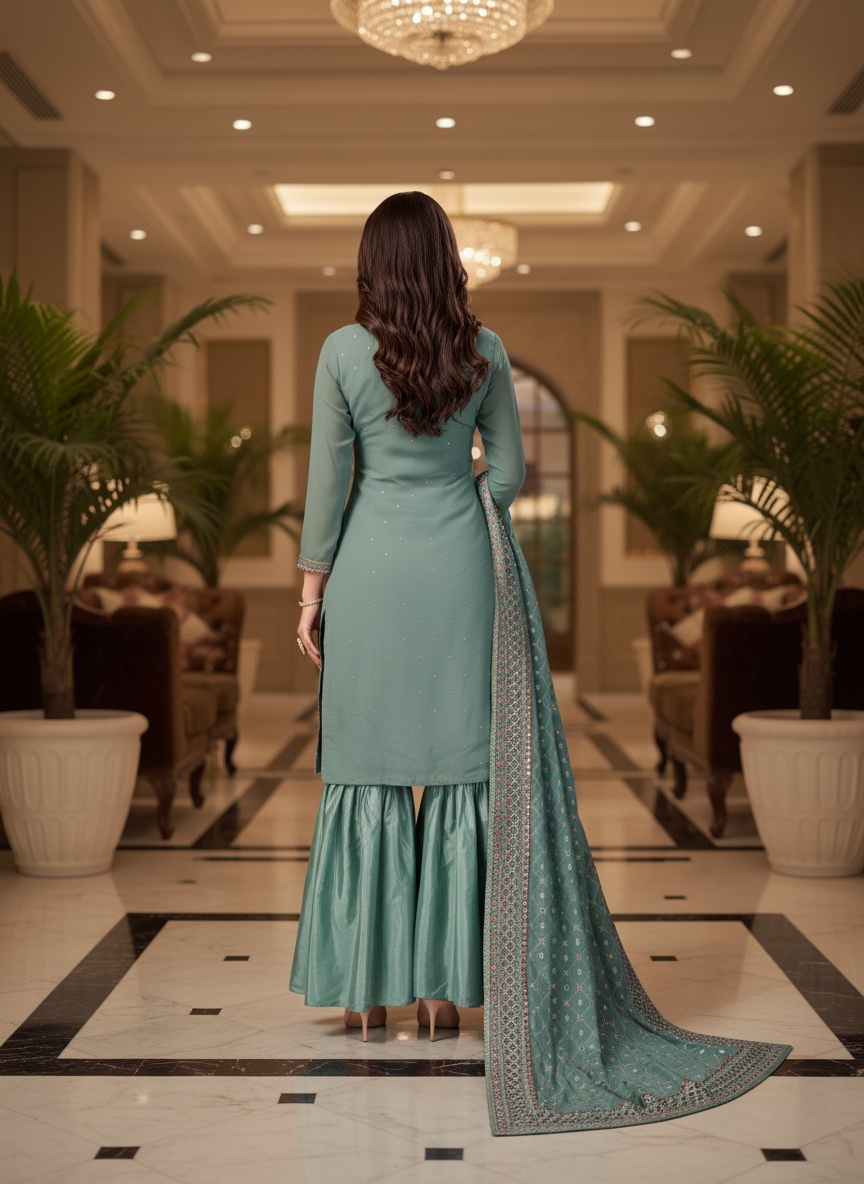 Blue Floral Embroidery Faux Georgette Palazzo Suit — alternate view