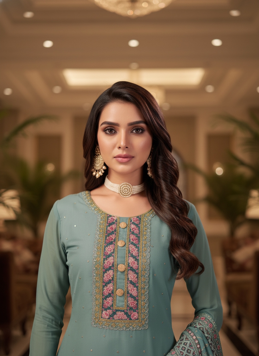 Blue Floral Embroidery Faux Georgette Palazzo Suit