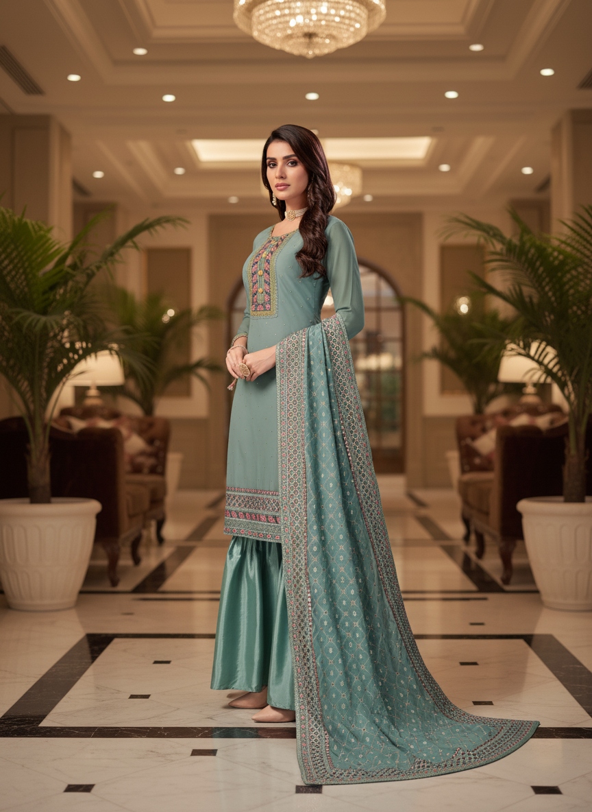 Blue Floral Embroidery Faux Georgette Palazzo Suit