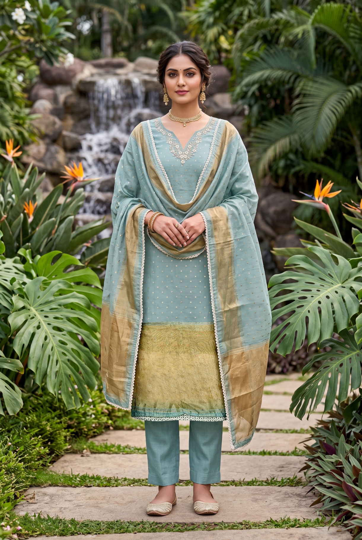 Blue Floral Handwork Banarasi Cotton Straight Suit