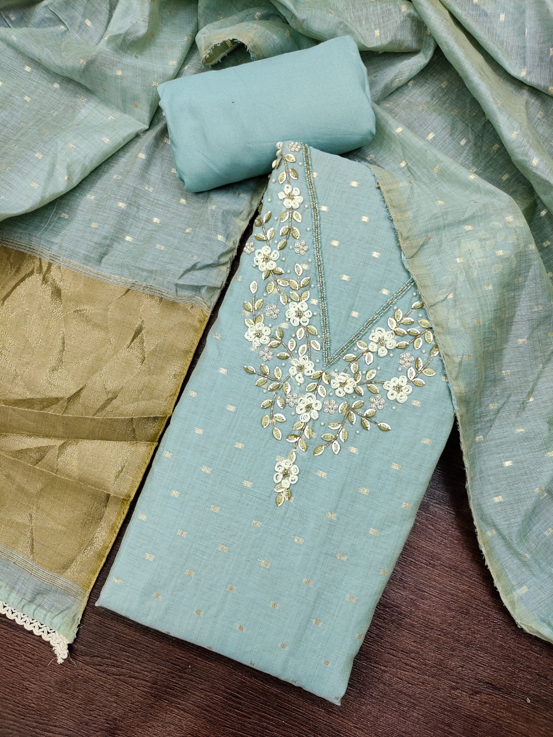 Blue Floral Handwork Banarasi Cotton Straight Suit