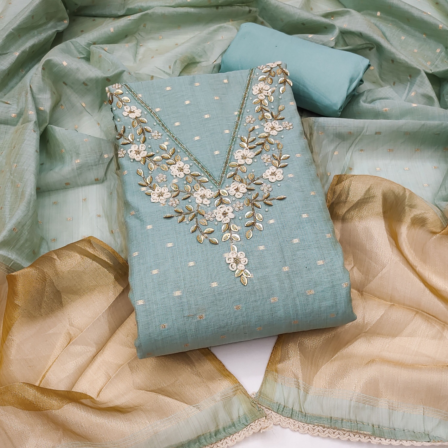 Blue Floral Handwork Banarasi Cotton Straight Suit