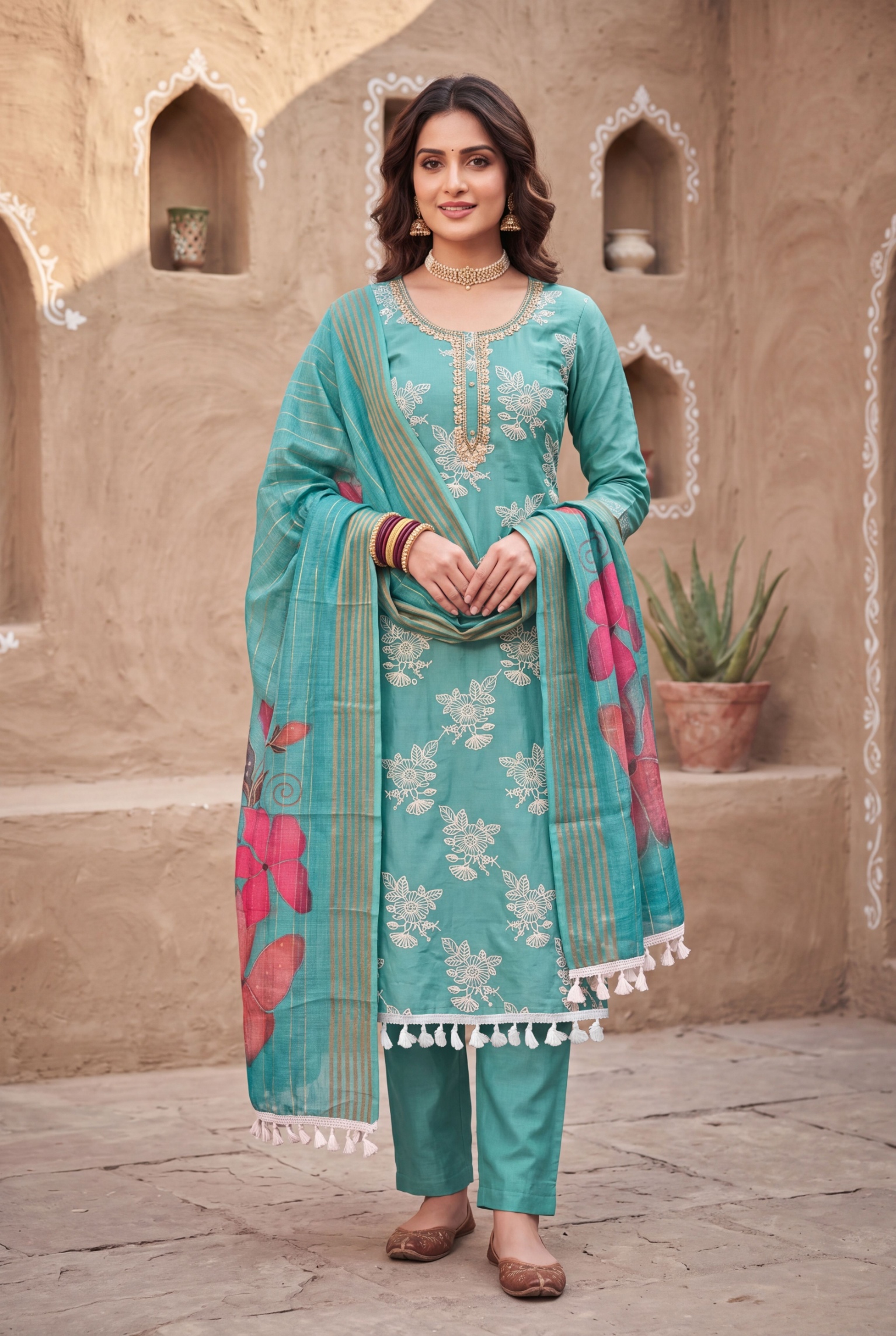 Blue Floral Handwork Cotton Silk Straight Suit