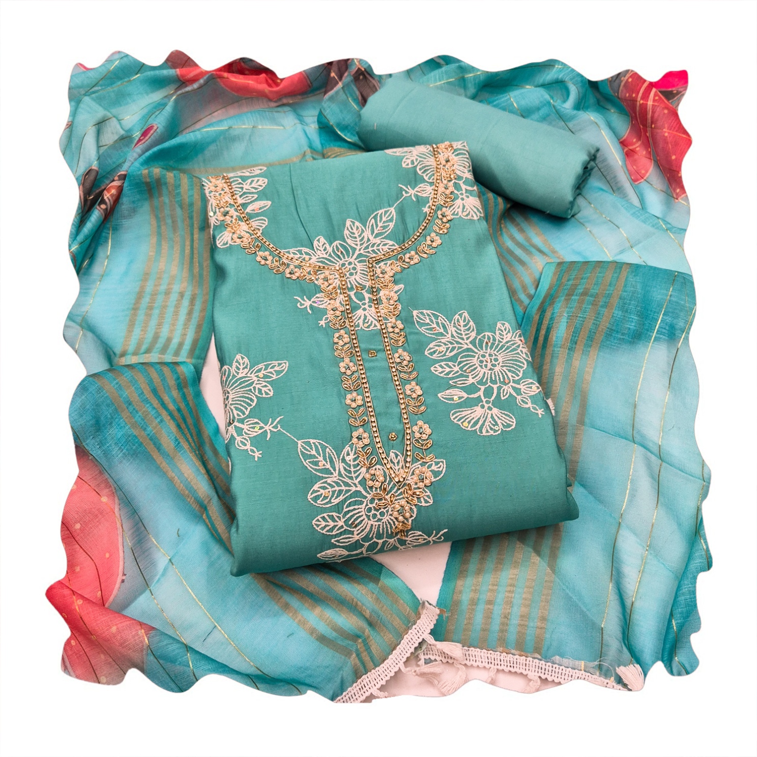 Blue Floral Handwork Cotton Silk Straight Suit — alternate view