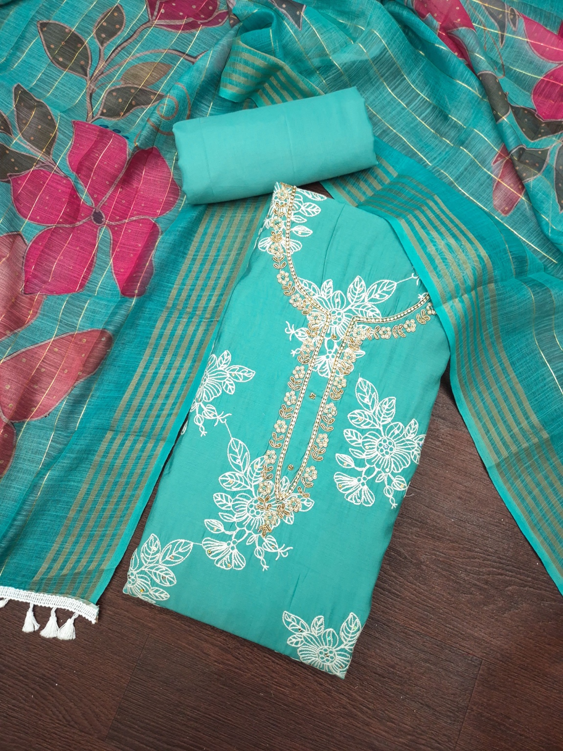 Blue Floral Handwork Cotton Silk Straight Suit