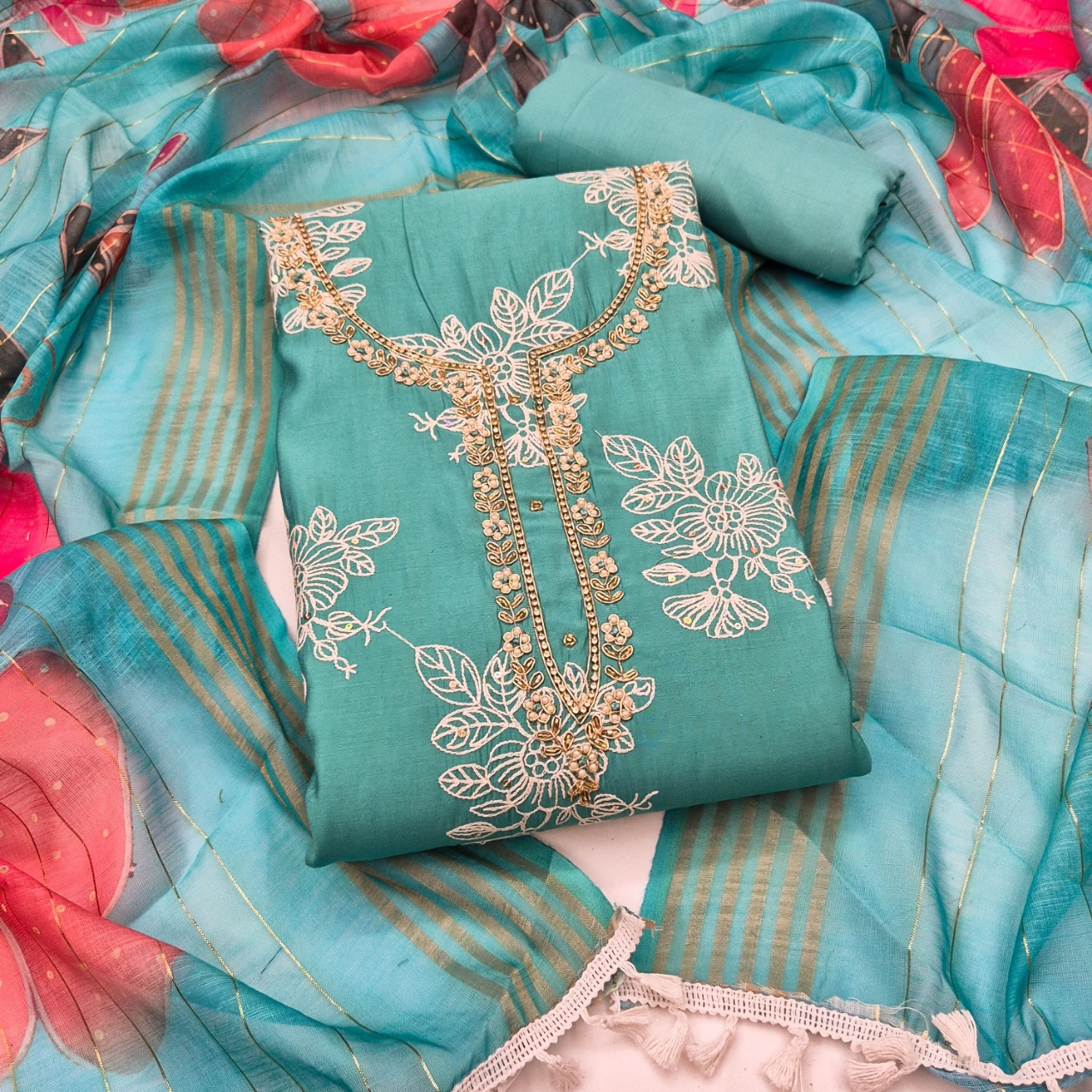 Blue Floral Handwork Cotton Silk Straight Suit