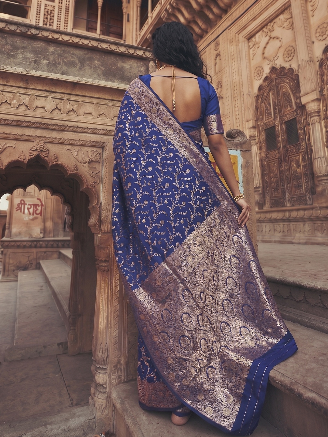 Blue Floral Jaal Art Silk Saree — alternate view