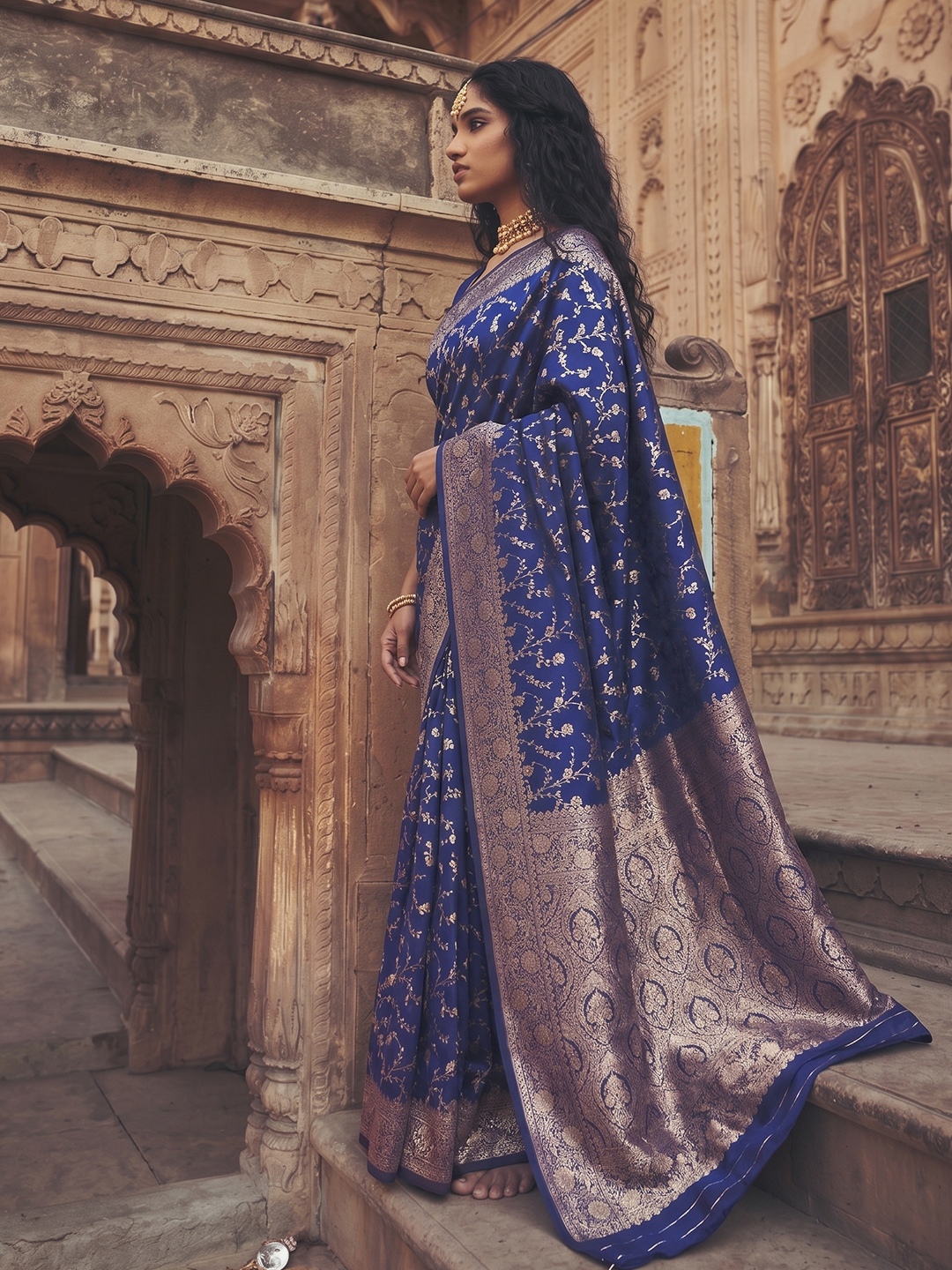 Blue Floral Jaal Art Silk Saree
